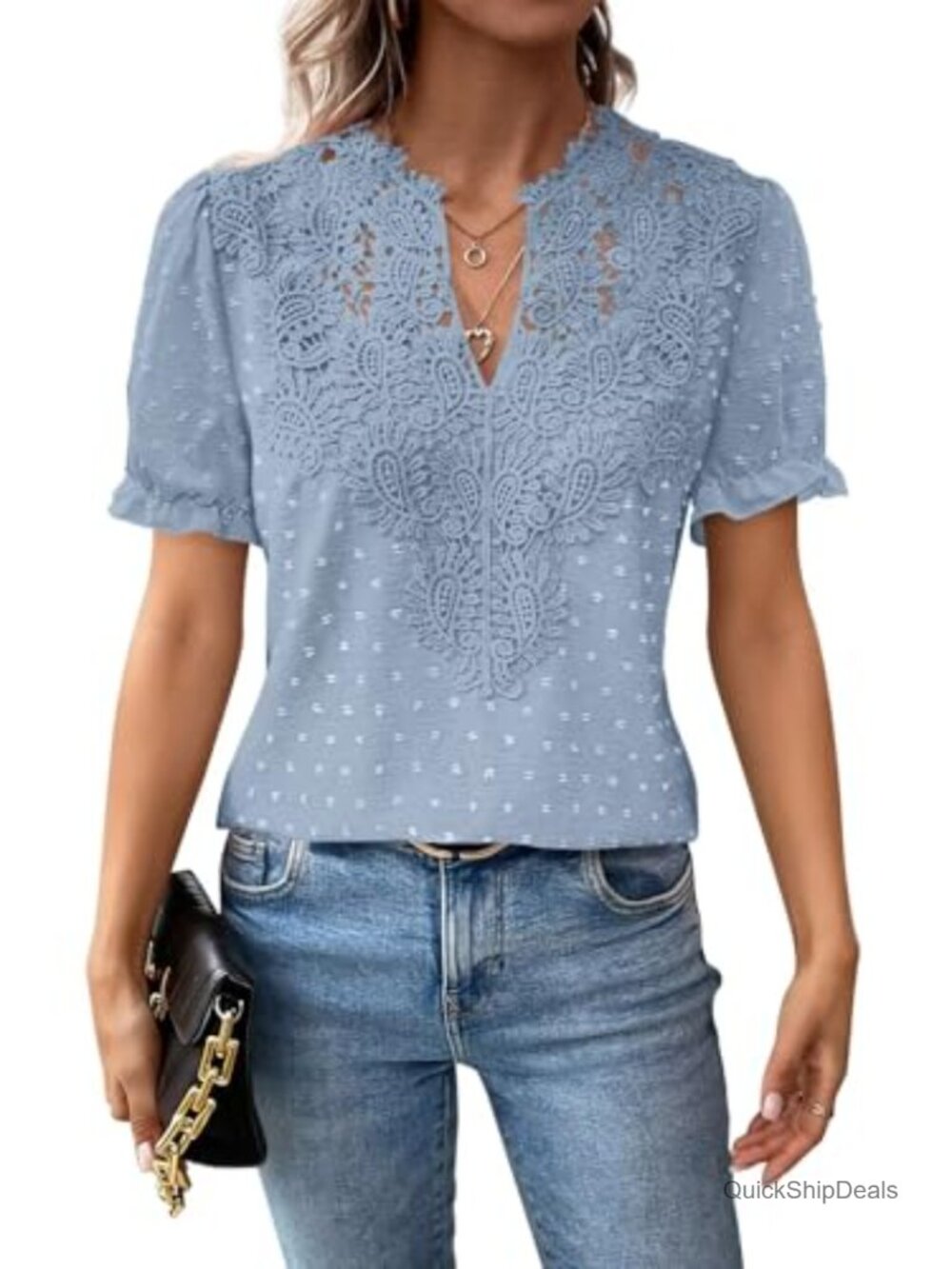 Women's Boho Tunic Blouse Short Sleeve V-Neck Swiss Dots Flowy Lace Hem